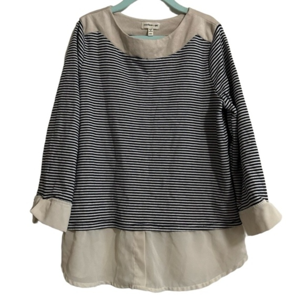 Monteau Girl Long Sleeve‎ Top Youth Girls 12 Large Navy White Striped Layered